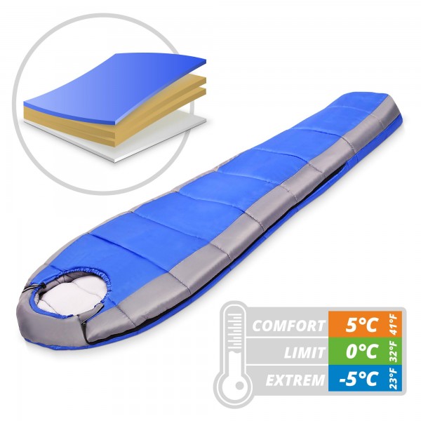 Schlafsack mit Kapuze 230 x 80 cm - blau/grau - bis -5 °C