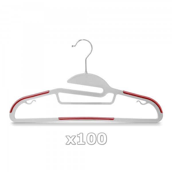 100 Stück - Kleiderbügel Kunststoff Anti-rutsch / extra dünn - Grau / Rot